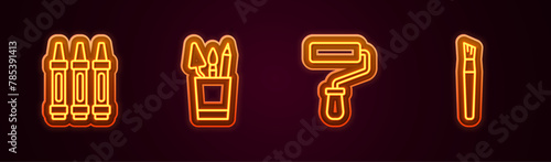 Set line Wax crayons for drawing, Pencil case stationery, Paint roller brush and . Glowing neon icon. Vector