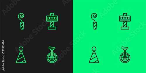 Set line Unicycle, Party hat, Birthday party horn and Attraction carousel icon. Vector