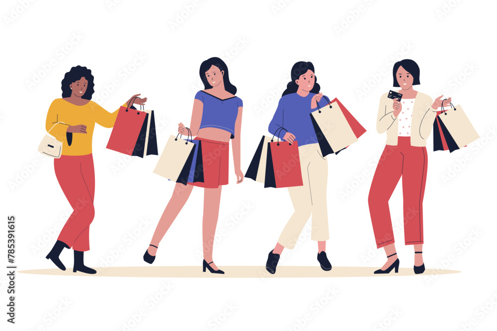 Obraz premium Group women who enjoy shopping. Illustration for websites, landing pages, mobile apps, posters and banners.