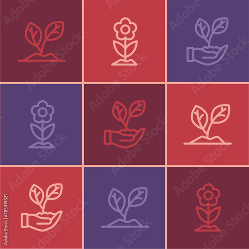 Set line Sprout, Leaf in hand and Flower icon. Vector