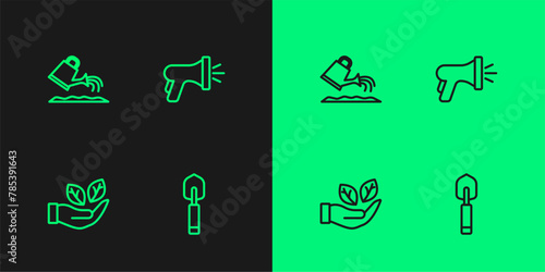 Set line Garden trowel spade or shovel, Leaf in hand, Watering can and hose icon. Vector