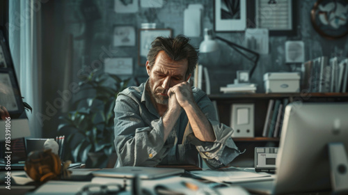 A weary man with head in hand, seated in a disorganized workspace, embodying professional burnout.