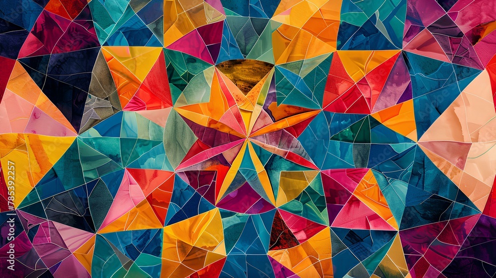 Fototapeta premium Colorful geometric triangles abstract background with seamless texture, 3D shapes, and vibrant hues, inspired by mathematical concepts and diamond motifs