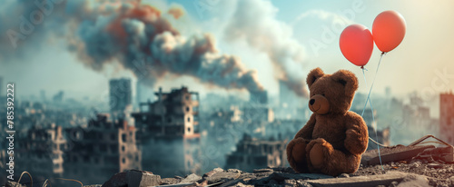 Kids teddy bear toy with balloons over city burned destruction of an aftermath war conflict, earthquake or fire and smoke of world war against children peace innocence as copyspace banner photo