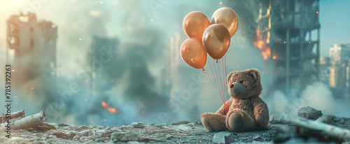Kids teddy bear toy with balloons over city burned destruction of an aftermath war conflict, earthquake or fire and smoke of world war against children peace innocence as copyspace banner photo