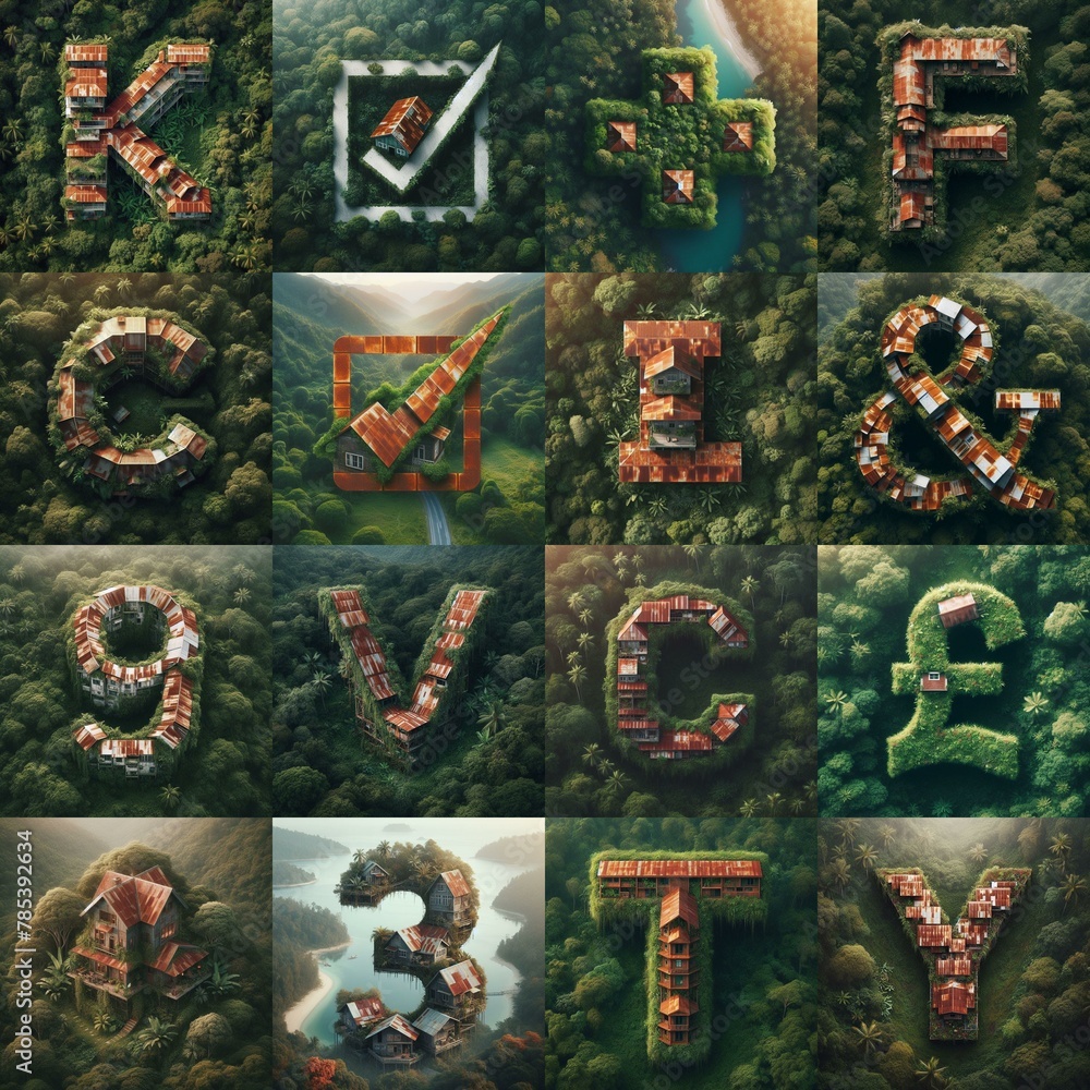 Obraz premium House in jungle lettering. AI generated illustration