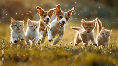 Group of puppies running in a field