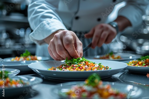 Skilled Chef Artistically Garnishing a Gourmet Dish with Precision and Passion in a Warmly Lit Kitchen Setting.