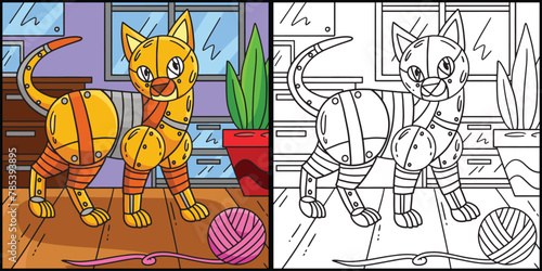 Robot Cat Coloring Page Colored Illustration photo