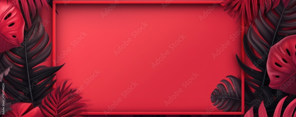 Red frame background, tropical leaves and plants around the red rectangle in the middle of the photo with space for text
