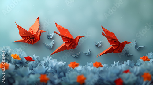 Motivation Concept with Origami Birds on a Blue,
Closeup of transparent crystal druse Illustration for for banner poster cover brochur
 photo