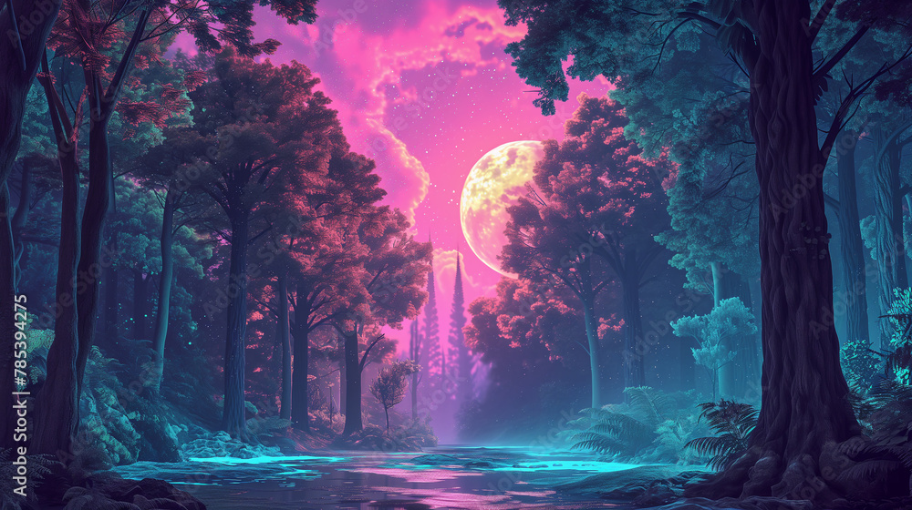 Mystic Sunset Over Serene Fantasy Forest.