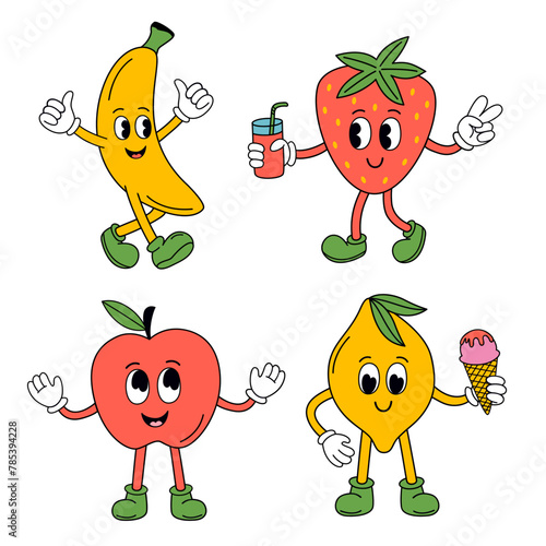 set of isolated funny banana, strawberry, apple, lemon