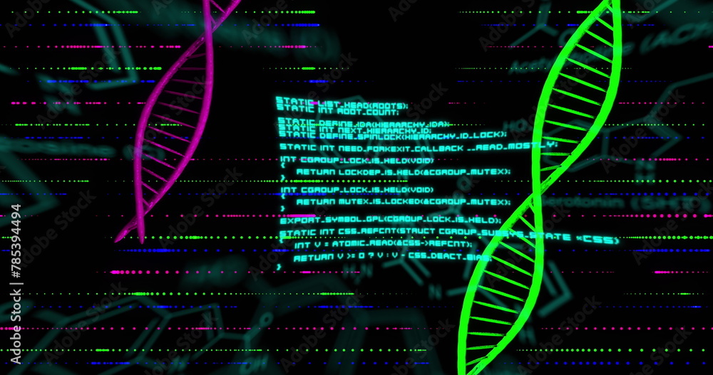 Image of dna strands with data processing over chemical structures Image of dna strands with data processing over chemical structures