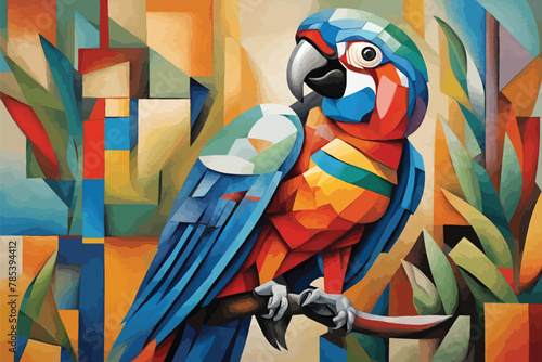 illustration of a parrot painting in cubist style