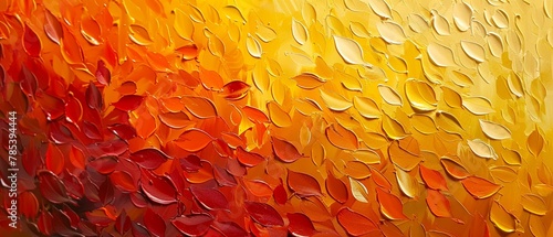 Vibrant abstract leaves, palette knife oil paint, serene autumn theme, orangeyellowgold canvas, dramatic lighting
