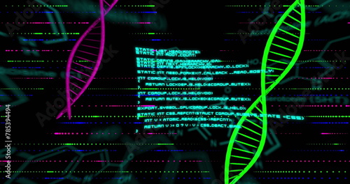 Image of dna strands with data processing over chemical structures