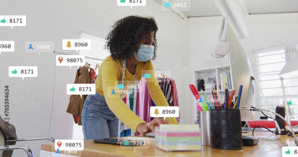 Image of network of connections over happy caucasian woman using smartphone and laptop Image of network of connections over happy caucasian woman using smartphone and laptop