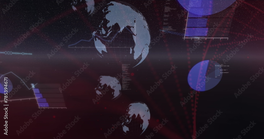 Fototapeta premium Image of globes, programming language, bar graph over red dots forming abstract pattern