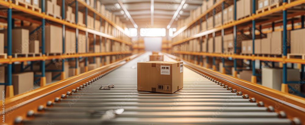 Conveyor belt in a distribution warehouse with row of cardboard box packages for e-commerce delivery and automated logistics concepts as wide banner with copysapce area banner digital concept Conveyor belt in a distribution warehouse with row of cardboard box packages for e-commerce delivery and automated logistics concepts as wide banner with copysapce area banner digital concept