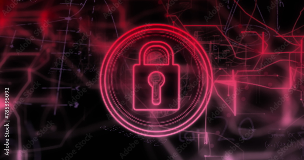 Image of mathematical equations over padlock icon on black background Image of mathematical equations over padlock icon on black background