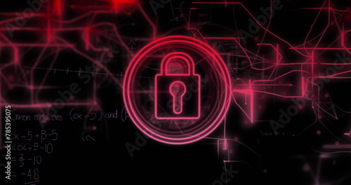 Image of mathematical equations over padlock icon on black background