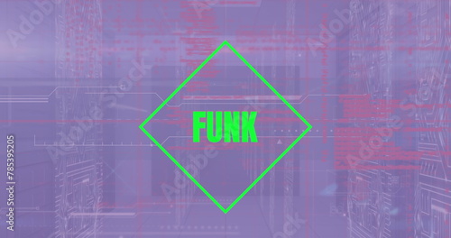 Image of funk text and data processing over server room photo