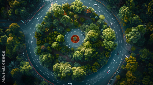 Aerial view of road roundabout intersection with moving heavy traffic. Urban circular transportation crossroads