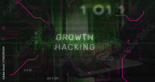 Image of growth hacking text and data processing over hacker using laptop