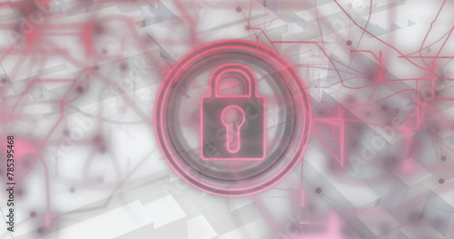 Image of security padlock icon and light trails against 3d concentric shapes