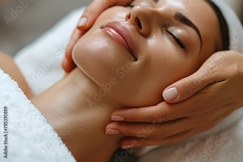 Young woman enjoying head face massage in spa salon. Beauty treatment concept