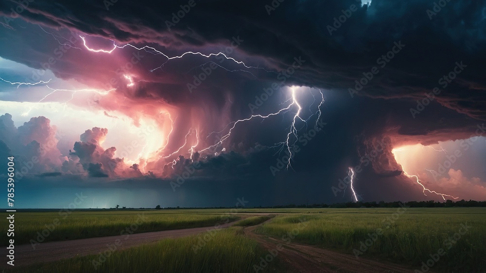 Hurricane clouds and lightning against the horizon - obrazy, fototapety, plakaty 