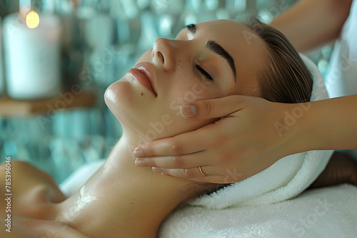 Young woman enjoying head face massage in spa salon. Beauty treatment concept