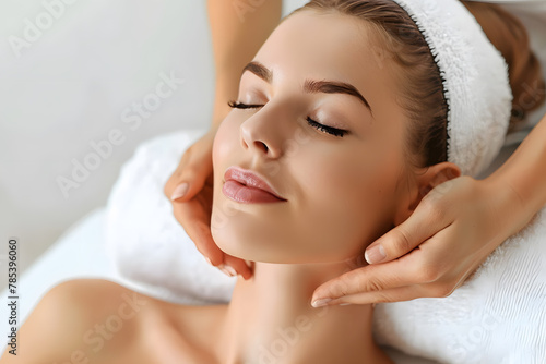 Young woman enjoying head face massage in spa salon. Beauty treatment concept