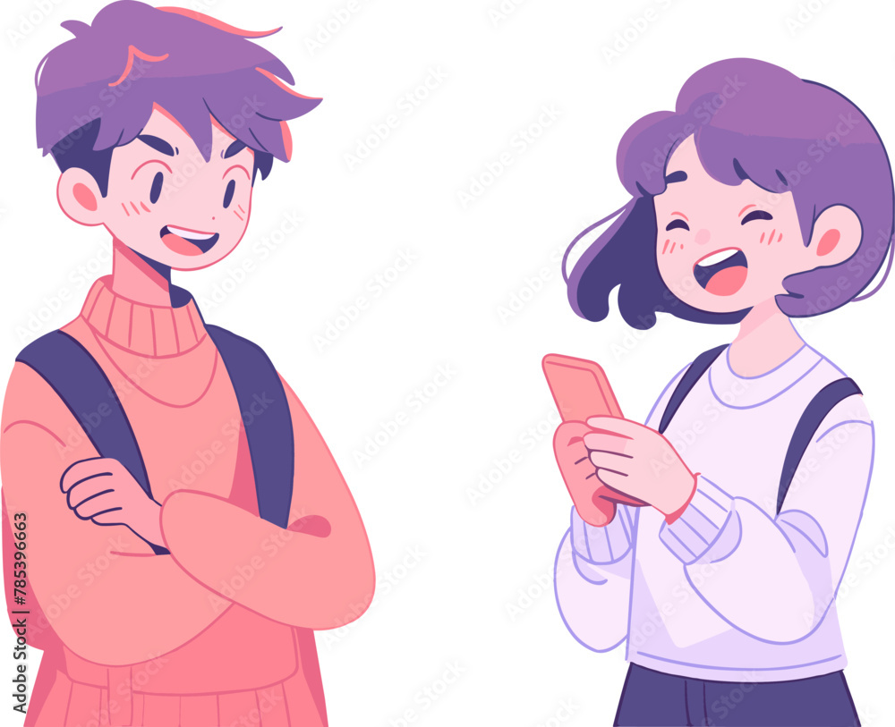 Two cheerful characters engaging with each other. Talking and laughing. Vector illustration. Two cheerful characters engaging with each other. Talking and laughing. Vector illustration.