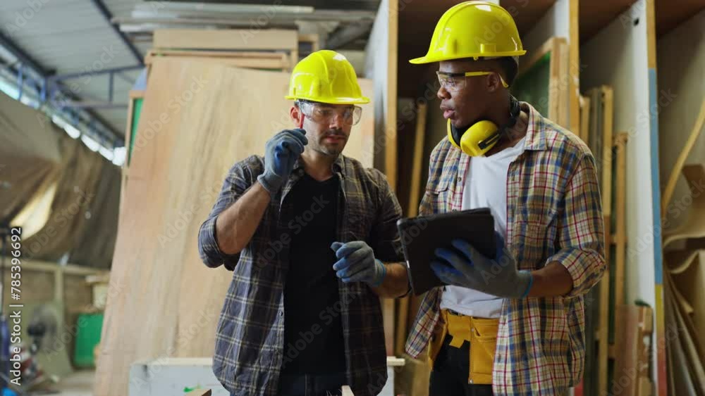 Front view of African American carpenter or woodworker or charpentier man use tablet to consult and discuss with coworker as coach or support staff during work in workplace. Front view of African American carpenter or woodworker or charpentier man use tablet to consult and discuss with coworker as coach or support staff during work in workplace.