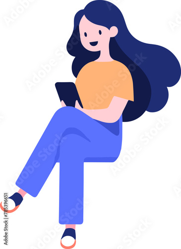 A relaxed woman sitting comfortably while browsing on her smartphone. Modern technology. Vector illustration.
