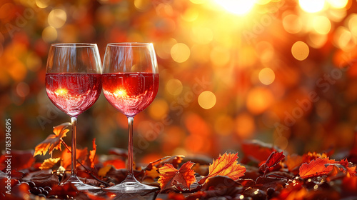 Two glasses of red wine on a table surrounded by autumn leaves, with a warm sunset in the background.