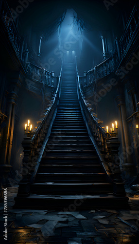 Staircase in a dark room with a lot of smoke.