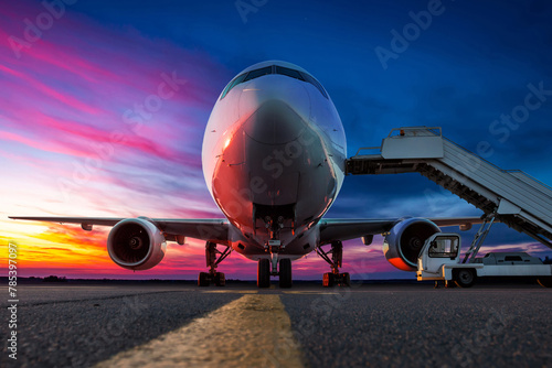 Wide body passenger jet plane with boarding steps at the airport apron against the backdrop of a scenic sunrise