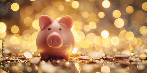 Piggy bank on shiny golden background with gold coins. Coins falling into a piggy bank. Investment. Saving Money Concept. Symbol of profit, growth. Advertising sale. Stability, security of storage
