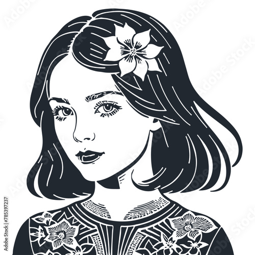 Young brunette woman with a flower on her head in Hawaiian style, engraving style, vector illustration