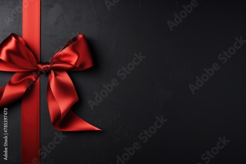 Red ribbon with bow on black background, Christmas card concept. Space for text. Red and Black Background