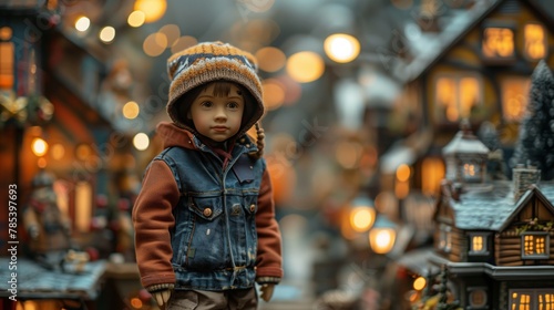 Toddler in jacket smiles at festive Christmas village city event