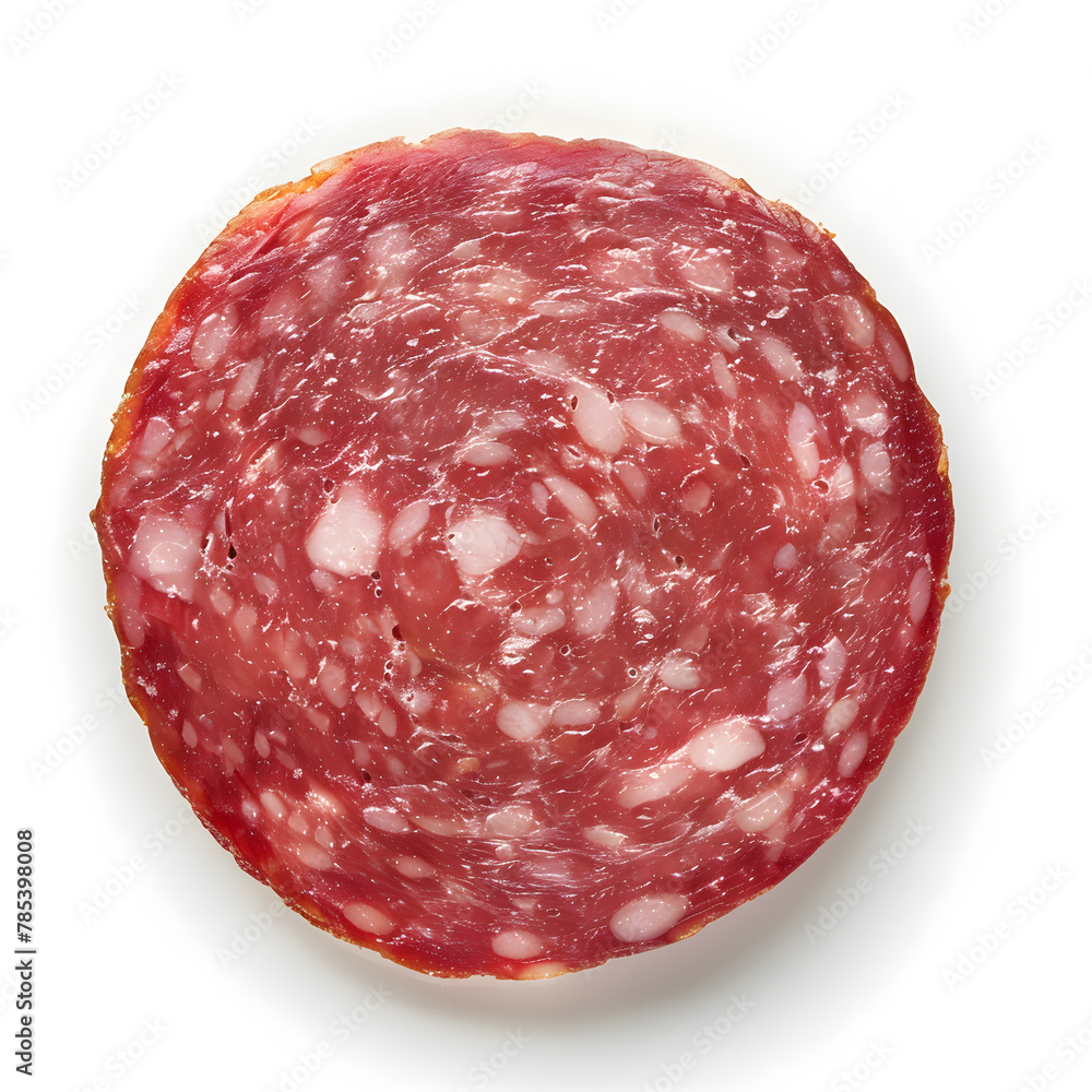 Salami slice top view isolated on white Salami slice top view isolated on white