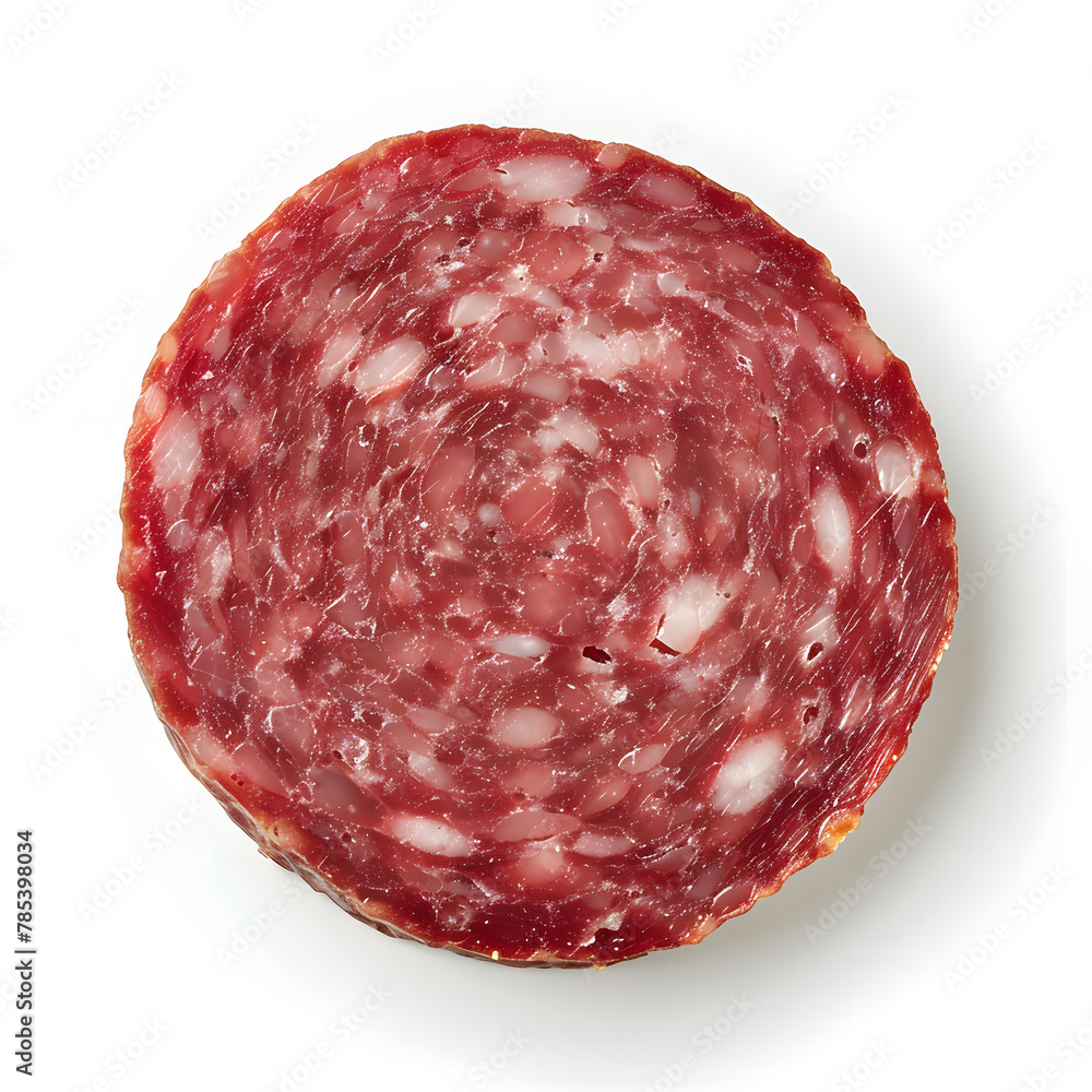 Salami slice top view isolated on white Salami slice top view isolated on white