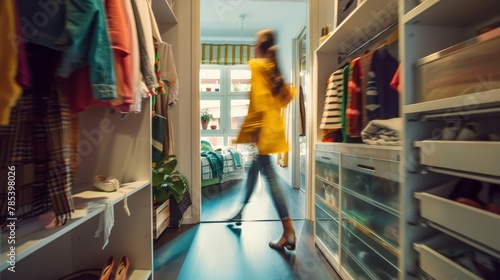 After getting dressed a woman comes out of her closet dressing room at home photo