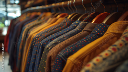 Colorful shirts hanging on wooden hangers in a clothing store, showcasing various patterns and textures. photo