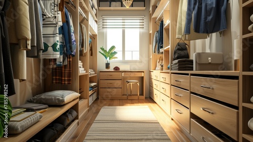 Typical contemporary home closet room with spacious wardrobes and clothes hangers