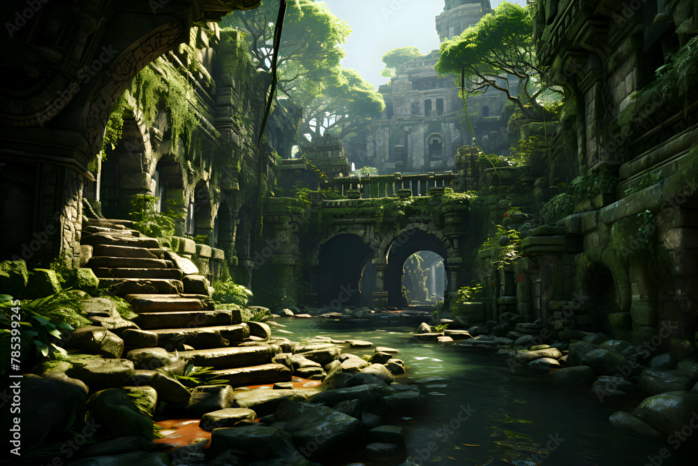 Ancient temple in the jungle. 3d rendering. Computer digital drawing. Ancient temple in the jungle. 3d rendering. Computer digital drawing.